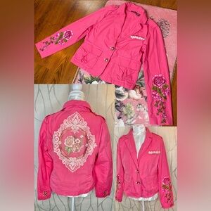 🎀🌷Mossimo🌷🎀 Cherry Pink Cotton Jacket Floral Embroidery Back DreamDoll Upcycled